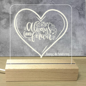 Προσωποποιημενο Φωτιστικό Led με Αφιέρωση Led Φωτισμός λευκό φωτισμό. Βάση: Ξύλινη βάση Υλικό: Ακρυλικό plexiglass με προσωποποίηση Διάσταση Βάσης: 15cm x 4.5cm x 3cm Διάσταση Πλακέτας: 14.5cm × 20cm ~ Τροφοδοσία: USB το καλώδιο USB σε τροφοδοτικό USB ή υπολογιστή. Προσωποποίησέ το! ΣΤΟ PARTYDAY.GR