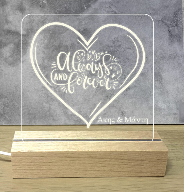 Προσωποποιημενο Φωτιστικό Led με Αφιέρωση Led Φωτισμός λευκό φωτισμό. Βάση: Ξύλινη βάση Υλικό: Ακρυλικό plexiglass με προσωποποίηση Διάσταση Βάσης: 15cm x 4.5cm x 3cm Διάσταση Πλακέτας: 14.5cm × 20cm ~ Τροφοδοσία: USB το καλώδιο USB σε τροφοδοτικό USB ή υπολογιστή. Προσωποποίησέ το! ΣΤΟ PARTYDAY.GR